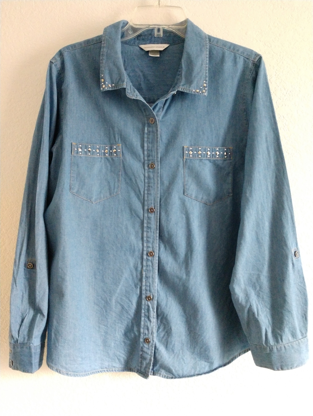 Christopher & Banks Chambray Shirt Embellished Studs Long Tab Sleeve Blue XL